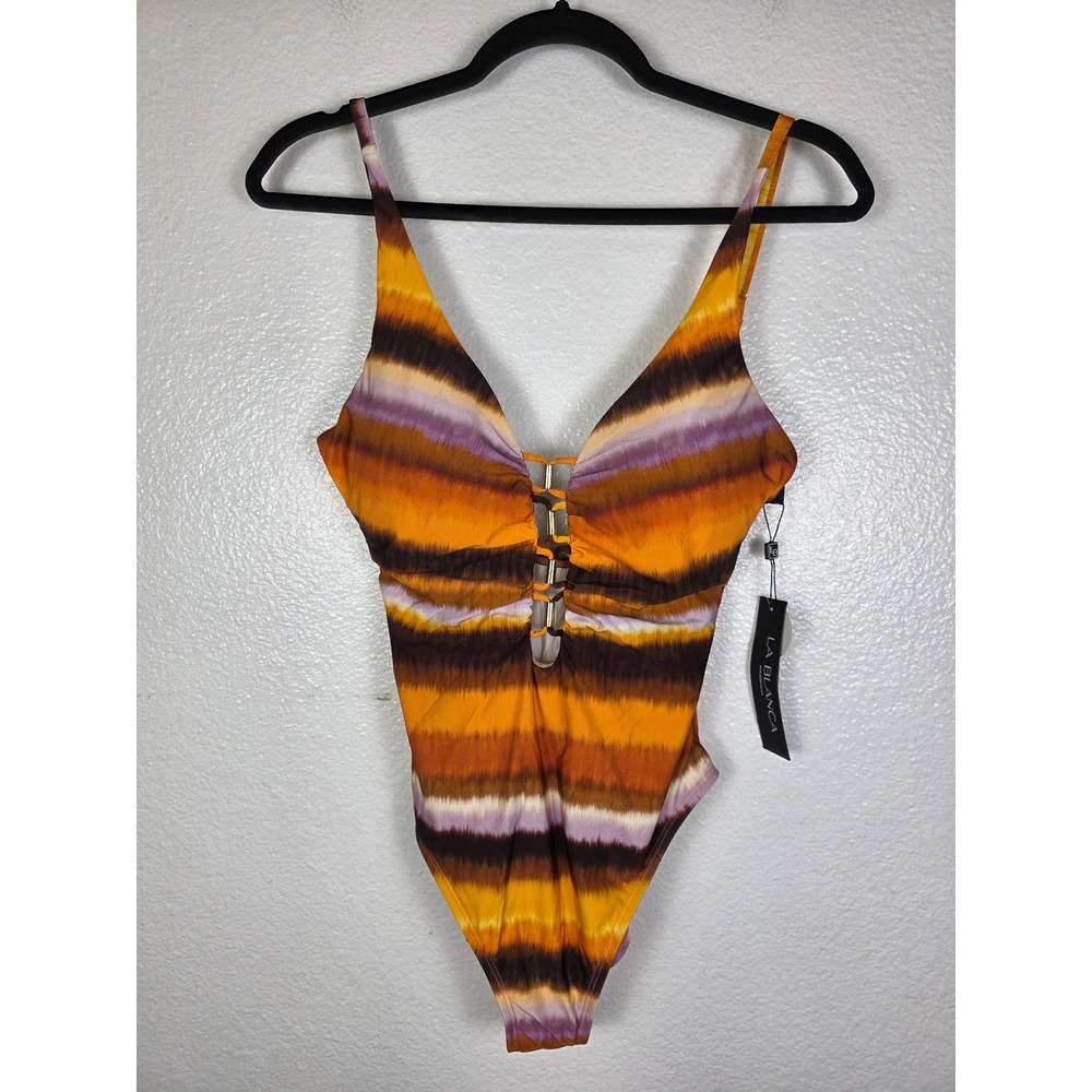 La Blanca Womens Tummy Control One Piece Swimsuit Orange Tie Dye Size 10 UPF 50+